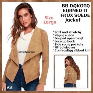 BB DAKOTA EARNED IT FAUX SUEDE DRAPE FRONT JACKET SZ L $105